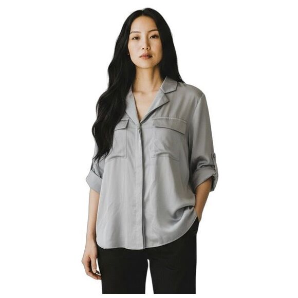 White House Black Market Utility Satin Top Roll Tab Sleeve Button Down Size XS - Picture 1 of 8
